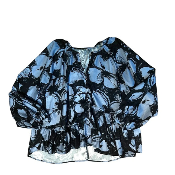 STINE GOYA Navy and Blue Patterned silky Blouse EUC large - Picture 5 of 12